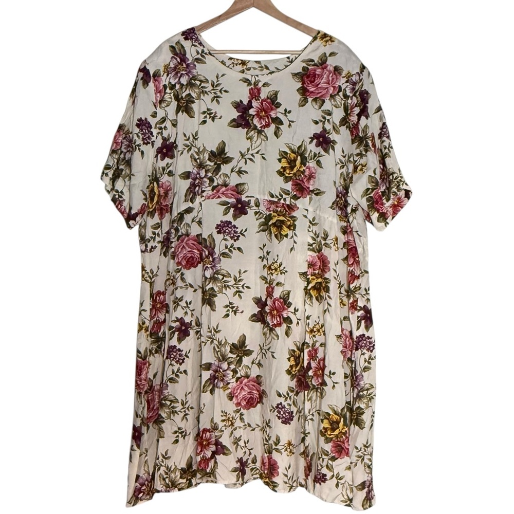 Katy D VTG Floral A Line Mini Dress Size 24 White Pink Back Tie Bow Romantic